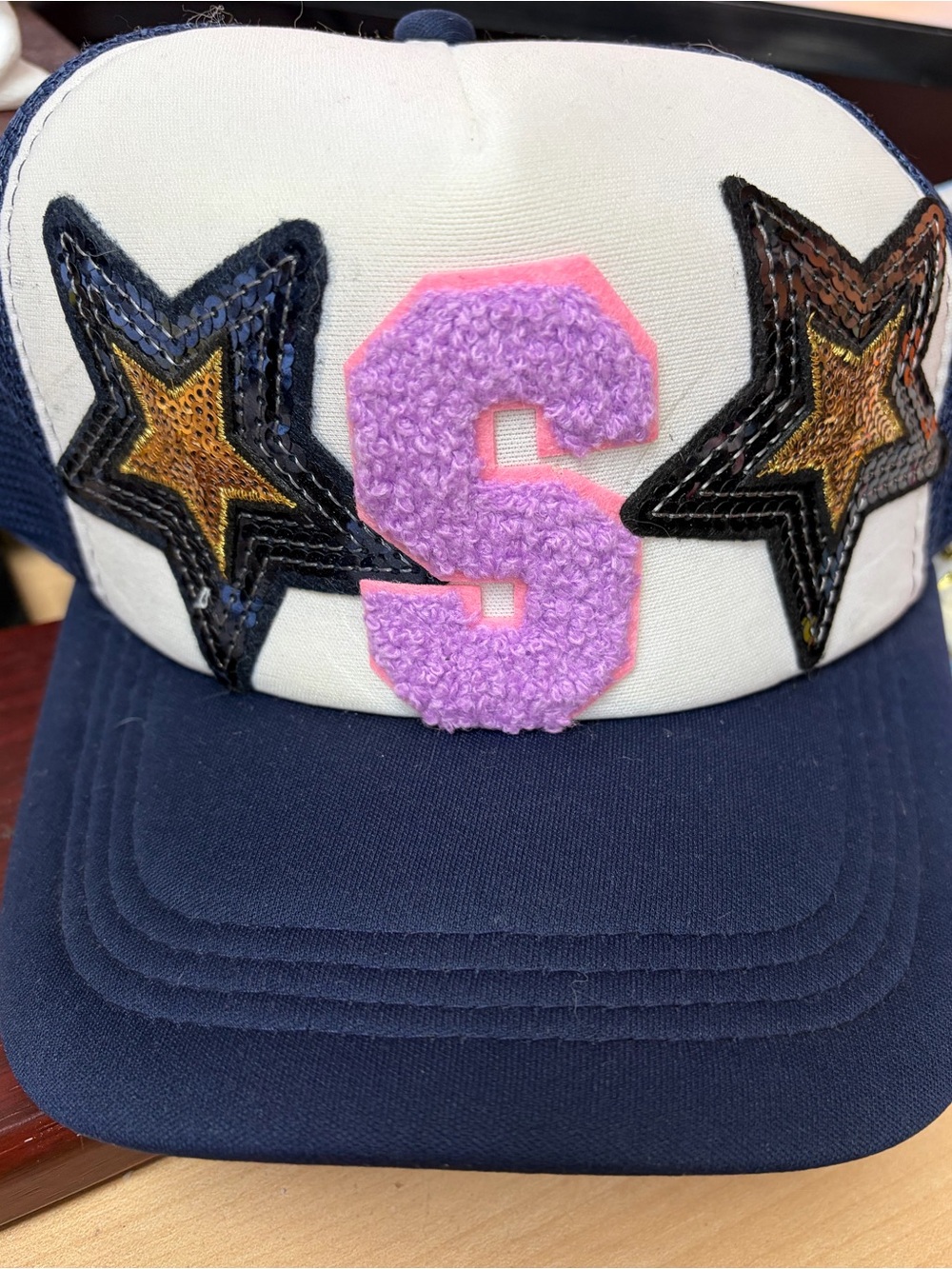Navy Blue and White S Initial and Star Patch Adjustable Trucker Hat